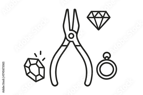 Jewelry making outline icon set. Jeweler, goldsmith tools and equipment symbol. Pliers, diamond, precious gem, ring for craft or repair. Linear vector illustration isolated.