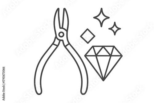 Jewelry pliers and diamond icon. Jeweler tool for craft, repair, and making. Precious gem, mineral, and crystal symbol. Goldsmith or lapidary concept vector illustration.