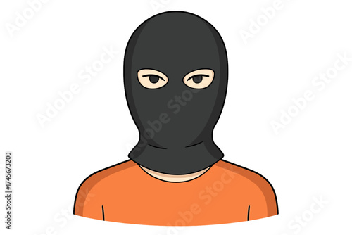 Criminal in a black balaclava. Terrorist, thief, or burglar icon. Masked man head. Offender face. Prison or jail concept. Cartoon vector symbol stock illustration.
