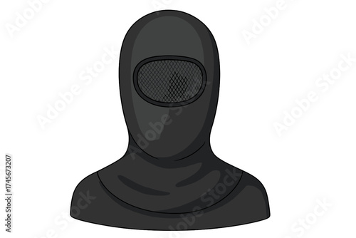 Black balaclava mask icon. Offender, criminal, or terrorist headwear. Symbol of anonymity, crime, and justice. Executioner hood for covering face. Vector stock illustration.