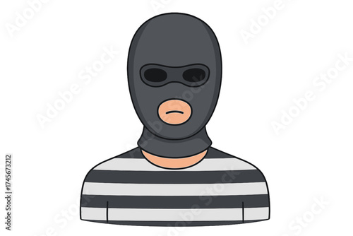 Cartoon thief in a black balaclava and striped shirt. Robber, criminal, or burglar character icon. Vector illustration for concepts of crime, theft, and prison.