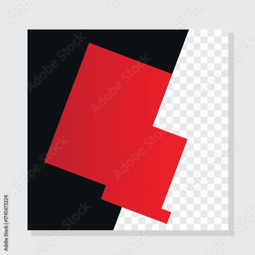Abstract geometric social media vector template with bold black and red color blocks. This modern square layout includes an image placeholder, ideal for marketing, promotions