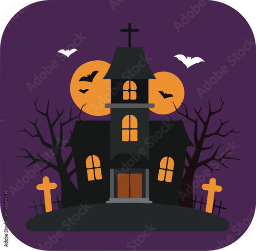 Halloween-themed illustration of a haunted house with orange moon and bats