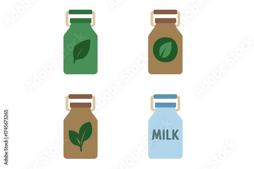 Set of milk can icons in a flat vector style. Collection includes organic, bio, and eco-friendly packaging symbols with leaves. For natural dairy products and farm concepts.