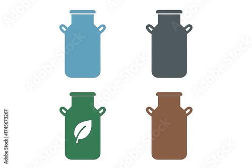 Milk cans icon flat vector set. Bio, eco, organic product symbol collection. Farm dairy drink container. Fresh milk jug illustration. Graphic design element for logo.