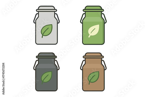 Milk cans icon set. Vector flat illustration of bio, eco, organic product. Plant based, vegan milk concept. Natural healthy drink symbol. Farm fresh dairy alternative sign.
