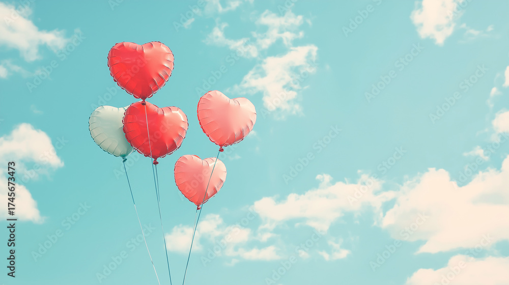 Fototapeta premium Heart-shaped balloons floating in blue sky with clouds