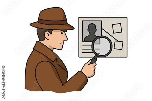 Detective investigating a crime scene with a magnifying glass. Private investigator or spy searching for evidence and clues. Man looking at a case file. Vector icon.