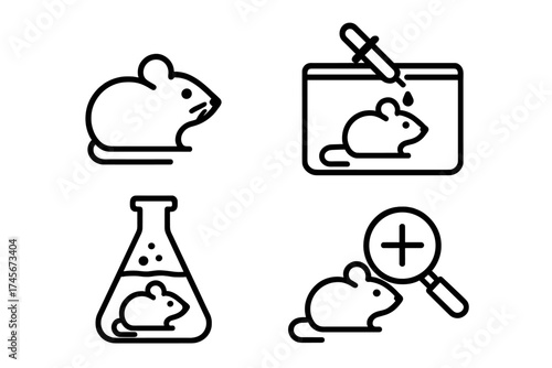 Lab mouse and rat icon set for science research. Animal testing and experiment concept. Vector illustration for veterinary, pharmacology, and toxicology. Analysis with magnifier.