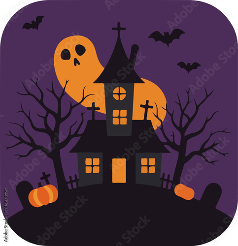 Halloween illustration of a haunted house with glowing windows, pumpkins, and a jack-o'-lantern moon