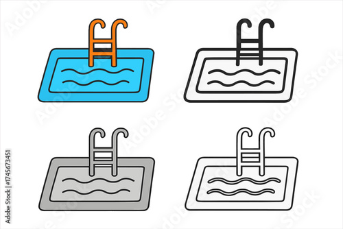 Swimming pool icon set. Collection of pictograms in color, monochrome, and line art styles. Summer vacation, hotel resort, and recreation symbol. Vector illustration isolated.