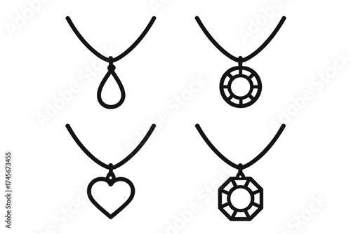 Necklace and pendant icon set. Vector line art collection of jewelry symbols. Includes heart, teardrop, round gem, and diamond shapes. Minimalist outline for love, fashion.