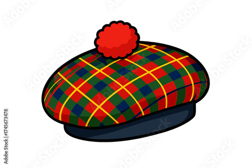 Scottish traditional cap vector icon. Tam o' Shanter hat with red pom pom. Cartoon illustration of a Scotland national costume element. Plaid tartan beret symbol isolated.
