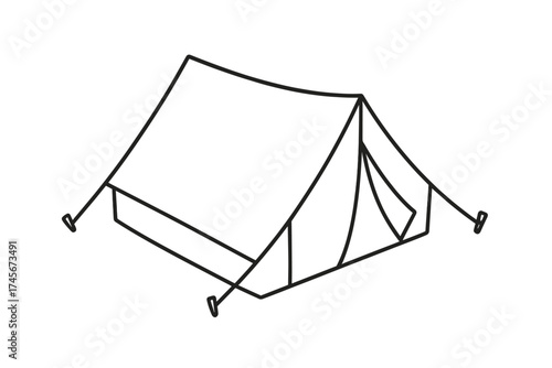 Camping tent line icon for adventure and outdoor recreation. Simple isometric vector illustration of a tourist shelter for hiking, trekking, travel, and vacation. Minimalist campsite symbol.