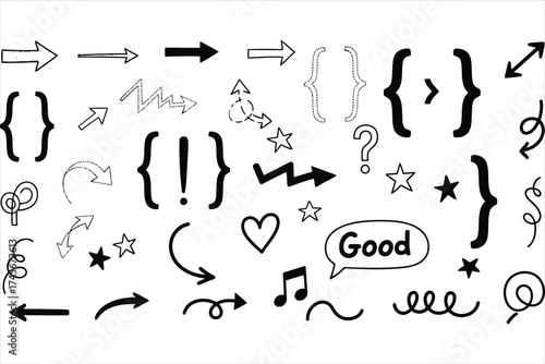 Vector art of hand drawn doodle elements, including arrows, brackets, and other symbols
