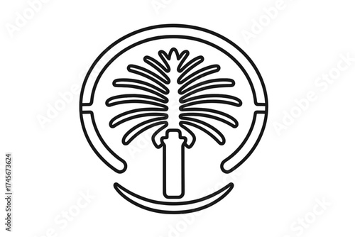 Palm Jumeirah island in Dubai, UAE line art logo. Vector icon of famous landmark. Middle East travel and tourism symbol. Modern architecture and luxury real estate concept.