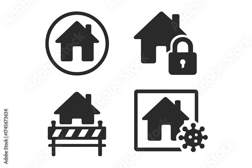 House quarantine icon set. Lockdown and stay home concept. Coronavirus pandemic symbol. Home isolation, security pictogram. Property protection and restriction vector illustration.