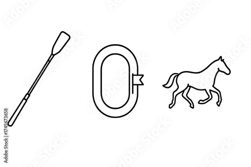Riding whip, hippodrome, and horse icon set. Outline style vector illustration for equestrian sports, horse racing, derby day, and betting. Jockey equipment and racetrack symbols.