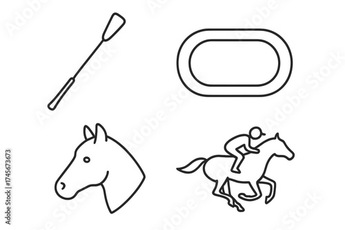 Horse racing icon set. Jockey on racehorse, hippodrome track, horse head, and riding whip. Equestrian sport symbols. Outline vector illustration for competition and betting.