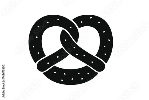 Pretzel icon for Oktoberfest. Traditional German salty snack. Baked bread pastry from a bakery. Simple black silhouette symbol. Vector food illustration isolated on white.
