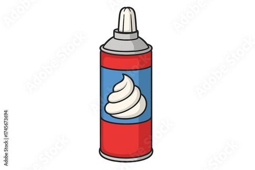 Whipped cream can in cartoon style. Dessert topping in aerosol spray bottle for sweets and cakes. Vector illustration of a sweet food product, isolated on white background.