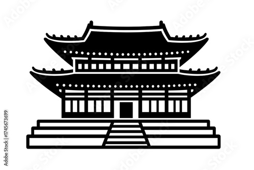 Korean temple palace icon. Traditional asian architecture. South Korea landmark symbol. Gyeongbokgung palace silhouette vector illustration. Asian travel culture sign isolated.