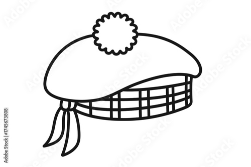 Scottish traditional cap icon. Tam o' Shanter bonnet with pom pom. Scotland national symbol. Vector outline illustration of tartan plaid hat. Highland headwear graphic.