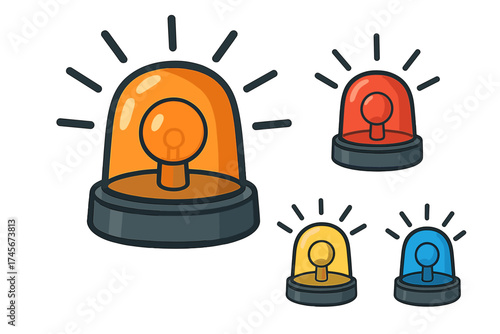 Emergency siren flasher light icon set. Police, fire, ambulance alarm symbol collection. Red, blue, orange warning beacon. Danger, alert signal vector illustration.