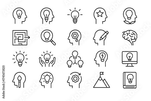 Creativity and idea line icon set. Brainstorming, innovation, inspiration. Creative thinking, finding solution, strategy, analysis, mind process, knowledge, talent, genius.