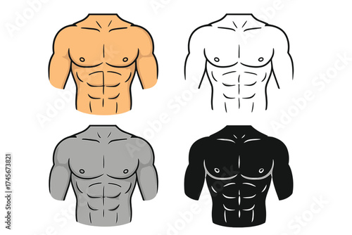Man torso muscular chest with six pack abs icon set. Bodybuilding fitness and gym concept. Strong male body vector illustration. Athletic man silhouette and line art design.