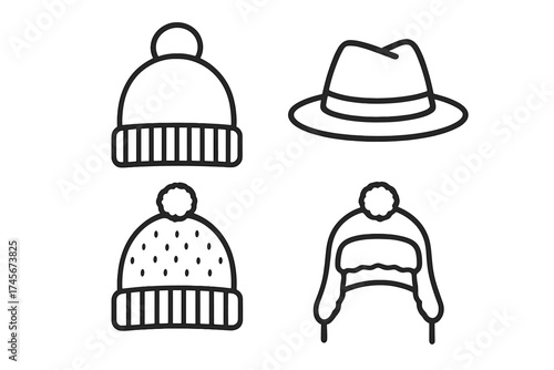 Set of headwear line icons. Vector illustration collection of winter hats and fashion headgear. Includes beanie, pom-pom cap, fedora, and trapper hat for cold weather.
