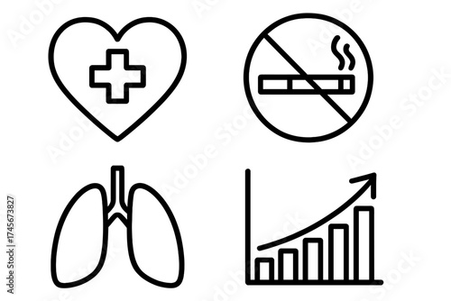 Health and nicotine vector icon set. No smoking sign, lungs, heart, statistics graph. Dangers of tobacco, cigarette addiction. Medical concept for lung cancer, heart disease risk.