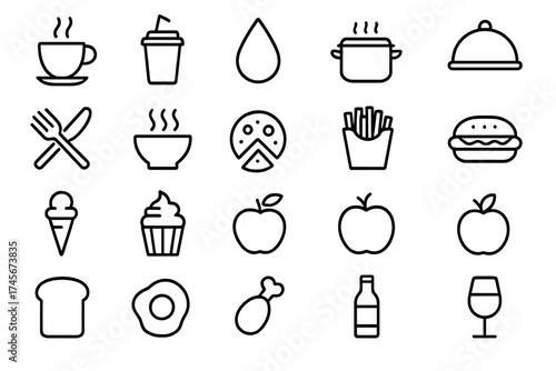 Food and drink line icon set. Vector collection of outline symbols for restaurant menu, website, or app. Includes coffee, fast food, dessert, fruit, and cooking pictograms.