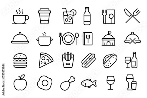Food and drink icon set. Line art pictograms. Restaurant, cafe, bar, fast food. Meal, menu, dining. Coffee, pizza, burger, wine. Thin outline symbols for web, mobile app.