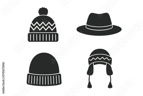 Vector set of headwear and fashion icons. Collection of winter and classic hats. Beanie, fedora, and cold weather cap silhouettes for web design. Isolated illustration.