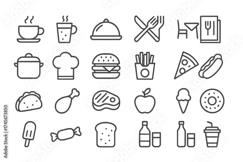 Food and drink icon set. Thin line style vector icons for restaurant menu, cafe, fast food, and cooking. Includes burger, pizza, coffee, dessert, and kitchen symbols.