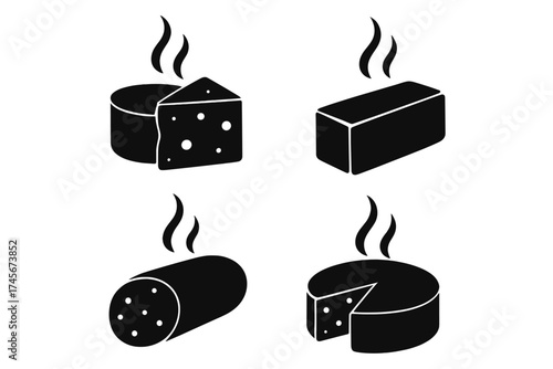 Smoked cheese vector icon set. Different kinds of cheese collection. Black glyph symbols for dairy food, gourmet appetizer, delicatessen, and charcuterie board ingredients.