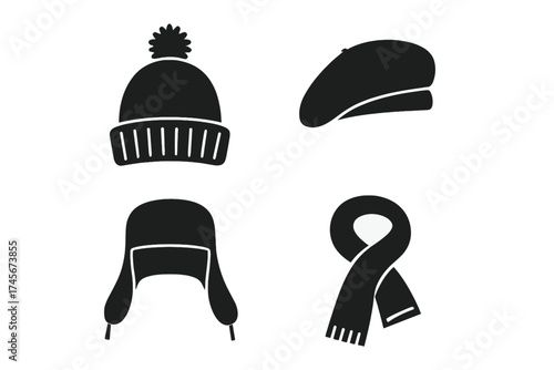Winter headwear and fashion accessory icon set. Vector collection of cold weather symbols. Beanie, beret, ushanka trapper hat and scarf silhouettes for web or logo design.