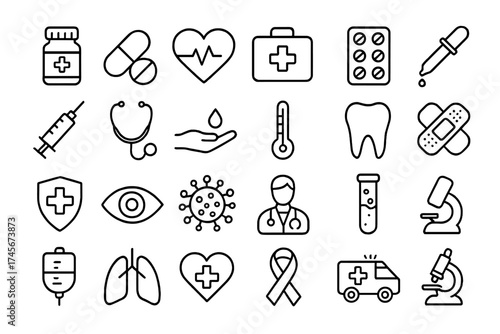 Medical and health icon set. Medicine and healthcare line icons. Vector symbols for doctor, pharmacy, hospital, science, emergency, clinic. Infographic elements collection.