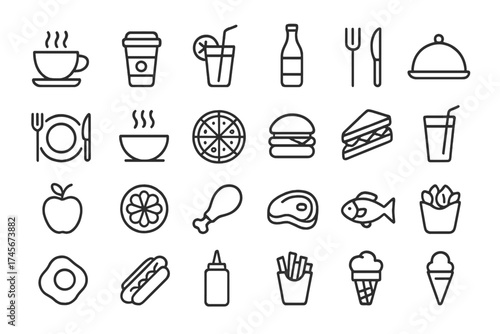 Food and drink icon set. 24 line icons for restaurant menu, fast food, delivery app. Vector symbols for coffee, pizza, burger, drinks. UI UX graphic elements collection.