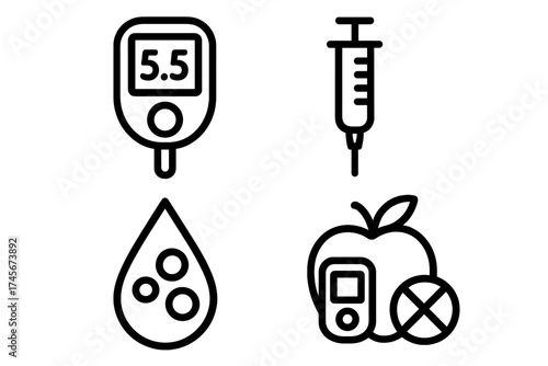Diabetes mellitus icon set. Vector collection of glucose meter, insulin syringe, blood drop test, and diet control symbols for health awareness. Medical line art illustration.