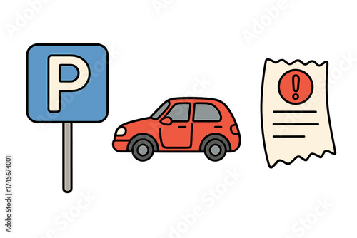 Parking fine concept illustration. Car, traffic sign, and penalty ticket vector icon set. Automobile parking violation notice symbol. Driving rules infringement, illegal transport fine graphic.