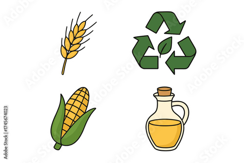 Set of agricultural icons. Vector illustration of crops, corn, wheat, vegetable oil, and ecological sign. Concept for natural food, cooking, sustainability, and recycling.
