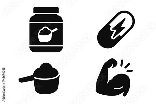 Sport supplements icon set. Bodybuilding nutrition symbols. Whey protein powder, energy pill, scoop, and muscle arm. Fitness, workout, and gym vector glyph collection.