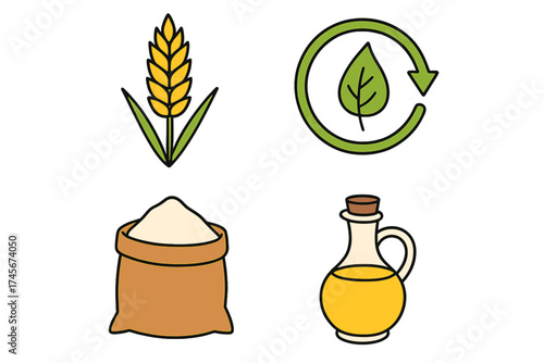 Food and agriculture icon set. Vector wheat, flour sack, cooking oil. Natural, organic, bio, eco sign. Farm crop, grain, harvest concepts. Baking ingredient illustration.