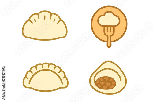 Dumpling vector icon set. Pierogi, gyoza, wonton logo concept for Asian Chinese food menu. Stuffed dough illustration for restaurant. Pelmeni, ravioli simple linear symbol.