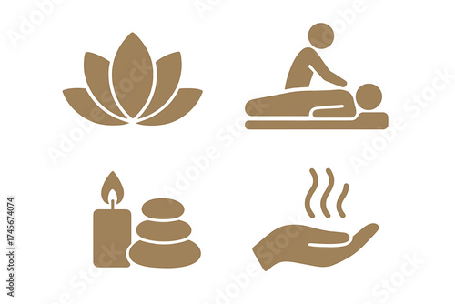 Spa massage icon set vector illustration. Wellness and relaxation symbols. Body therapy, hot stone, aromatherapy, lotus flower, zen candle. Beauty salon pictogram collection.