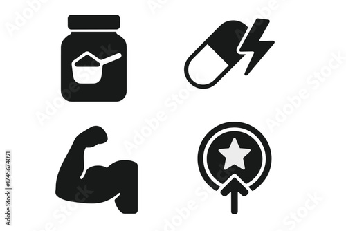 Sport supplements vector icon set for fitness and bodybuilding. Whey protein powder, energy pills for pre-workout boost. Muscle growth, strength training and performance icon.