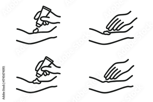 Applying cream to skin icon set. Hand squeezing ointment from a tube and rubbing gel on an arm. Vector for medical instructions, dermatology, pain relief, skincare.