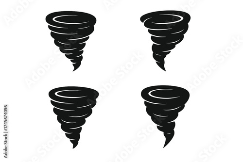 Tornado icon set. Black weather symbol collection isolated on white. Cyclone, hurricane, storm and twister graphic. Natural disaster, climate catastrophe, and danger warning sign vector.